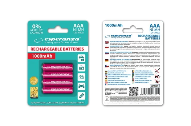 Najwyższej jakości Akumulatorki Esperanza 4szt typu AAA 1000mAh (EZA102R)