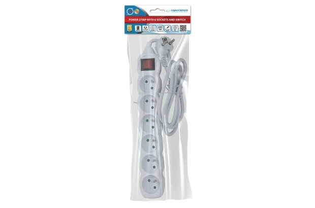 Listwa zasilająca 6 gniazd, wyłącznik, 1,5m, ochrona przed dziećmi BIAŁA (ELK217W)