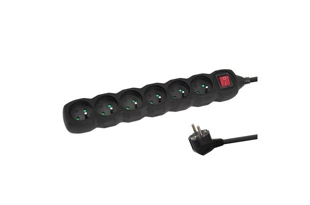 Listwa zasilająca 6 gniazd, wyłącznik, 3m, ochrona przed dziećmi CZARNA (ELK218K)