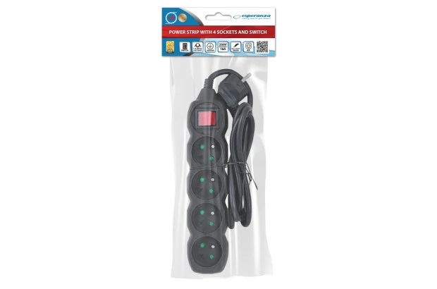 Listwa zasilająca 4 gniazda, wyłącznik, 1,5m, ochrona przed dziećmi CZARNA (ELK212K)