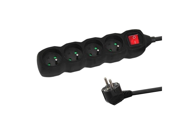 Listwa zasilająca 4 gniazda, wyłącznik, 1,5m, ochrona przed dziećmi CZARNA (ELK212K)