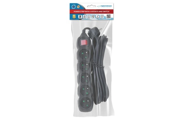 Listwa zasilająca 5 gniazd, wyłącznik, 5m, ochrona przed dziećmi CZARNA (ELK216K)