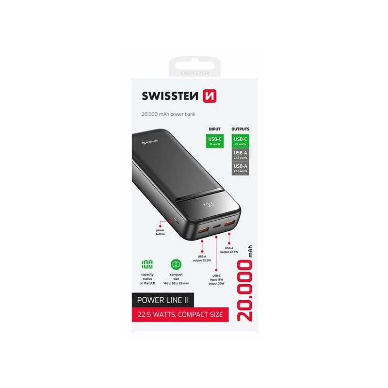 SWISSTEN Powerbank 20000 mAh 22,5W POWER LINE II Li-Pol 5/9/12V USB-C USB-A (220 139 47)