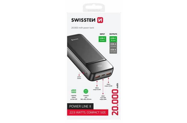 SWISSTEN Powerbank 20000 mAh 22,5W POWER LINE II Li-Pol 5/9/12V USB-C USB-A (220 139 47)
