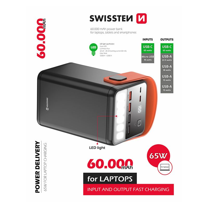 SWISSTEN Powerbank 60000 mAh 4x USB-A USB-C 65W do telefonów laptopów (220 139 43)