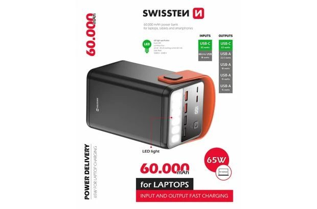SWISSTEN Powerbank 60000 mAh 4x USB-A USB-C 65W do telefonów laptopów (220 139 43)