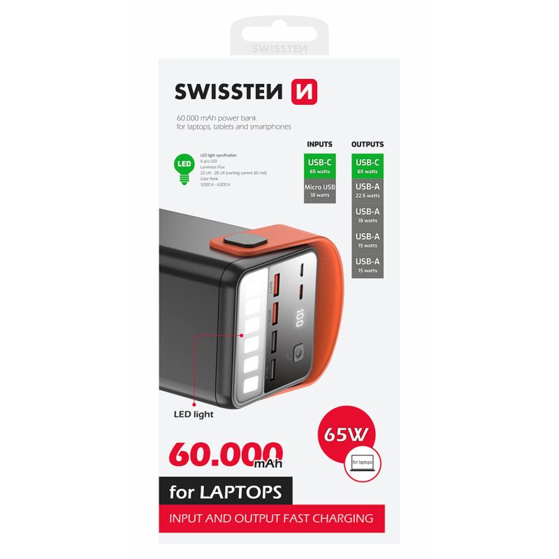 SWISSTEN Powerbank 60000 mAh 4x USB-A USB-C 65W do telefonów laptopów (220 139 43)