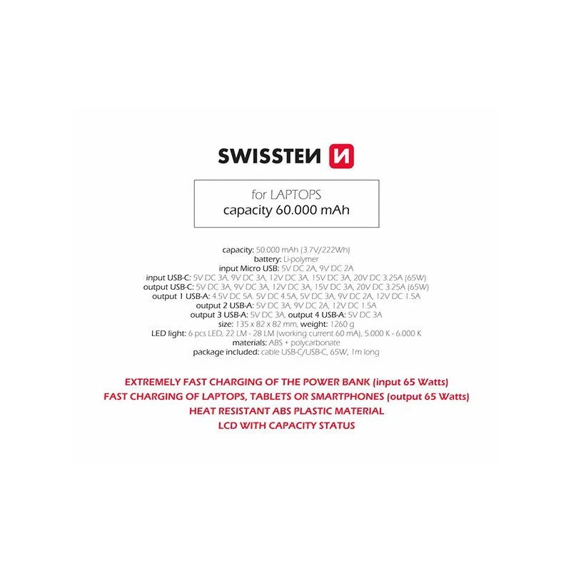 SWISSTEN Powerbank 60000 mAh 4x USB-A USB-C 65W do telefonów laptopów (220 139 43)