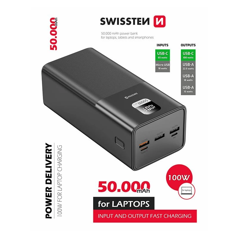 SWISSTEN Powerbank 50000 mAh 3x USB-A USB-C 100W do telefonów laptopów (220 139 42)