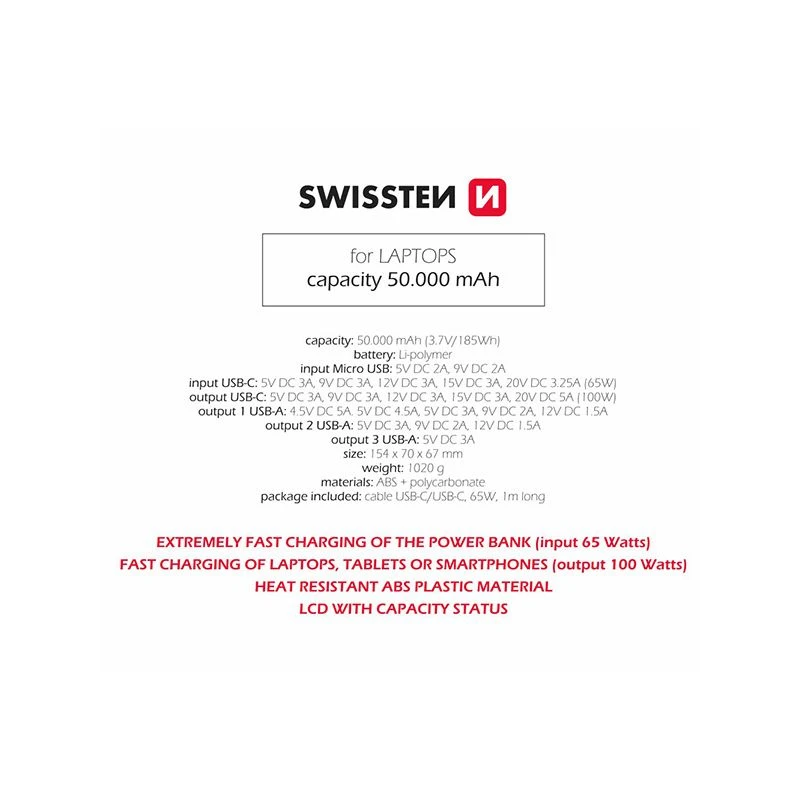 SWISSTEN Powerbank 50000 mAh 3x USB-A USB-C 100W do telefonów laptopów (220 139 42)