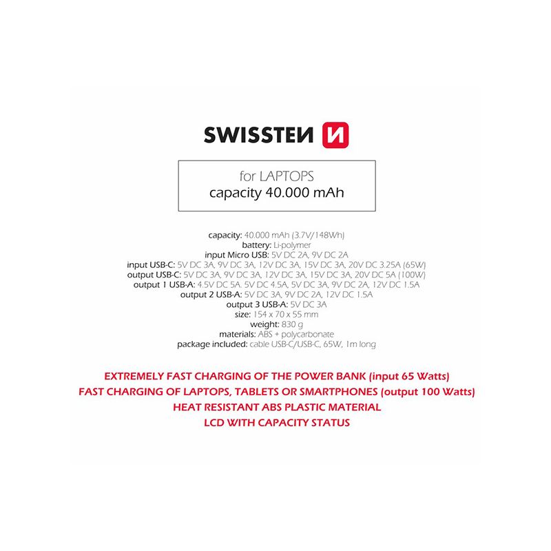 SWISSTEN Powerbank 40000 mAh 3x USB-A USB-C 100W mocny DO LAPTOPA (220 139 41)