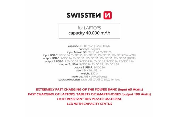 SWISSTEN Powerbank 40000 mAh 3x USB-A USB-C 100W mocny DO LAPTOPA (220 139 41)