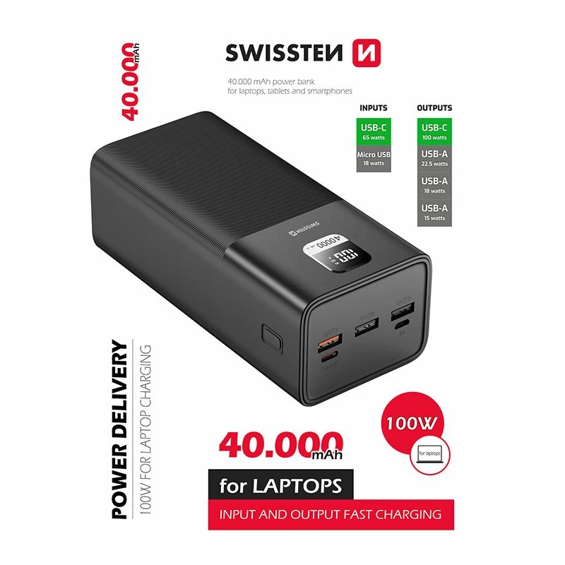 SWISSTEN Powerbank 40000 mAh 3x USB-A USB-C 100W mocny DO LAPTOPA (220 139 41)