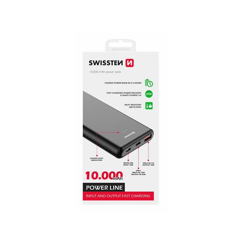 SWISSTEN Powerbank 10000 mAh POWER LINE Li-Pol, 5/9/12V microUSB, USB-A (220 139 12)