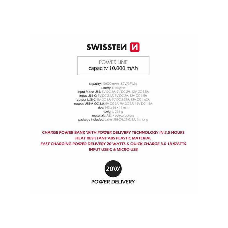 SWISSTEN Powerbank 10000 mAh POWER LINE Li-Pol, 5/9/12V microUSB, USB-A (220 139 12)