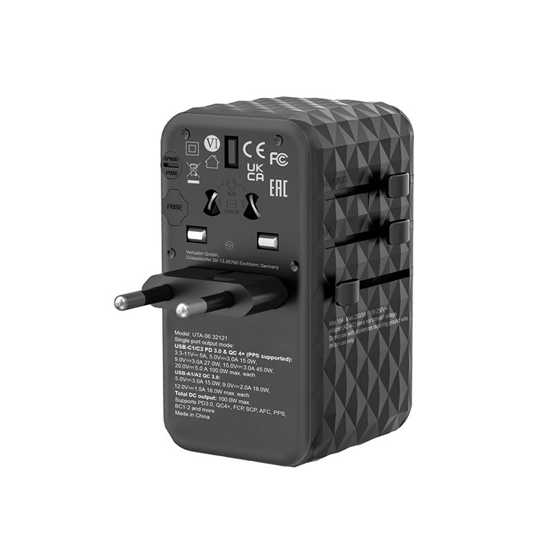 Verbatim, Uniwersalny adapter podróżny UTA-06 USB-C PD QC 4+ USB-A QC 100 W (Verbatim 32121)