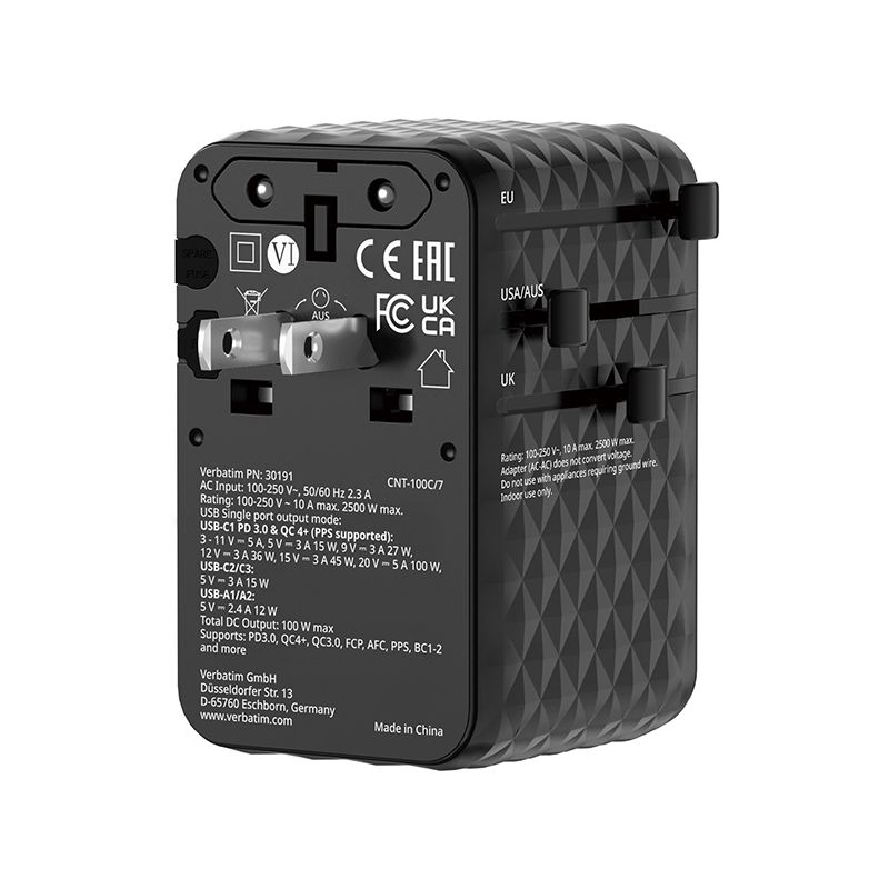 Verbatim Adapter podróżny EU/UK/US GaN 2xUSB-C/2xUSB-A/1xUSB-C PD 100W (Verbatim 30191)