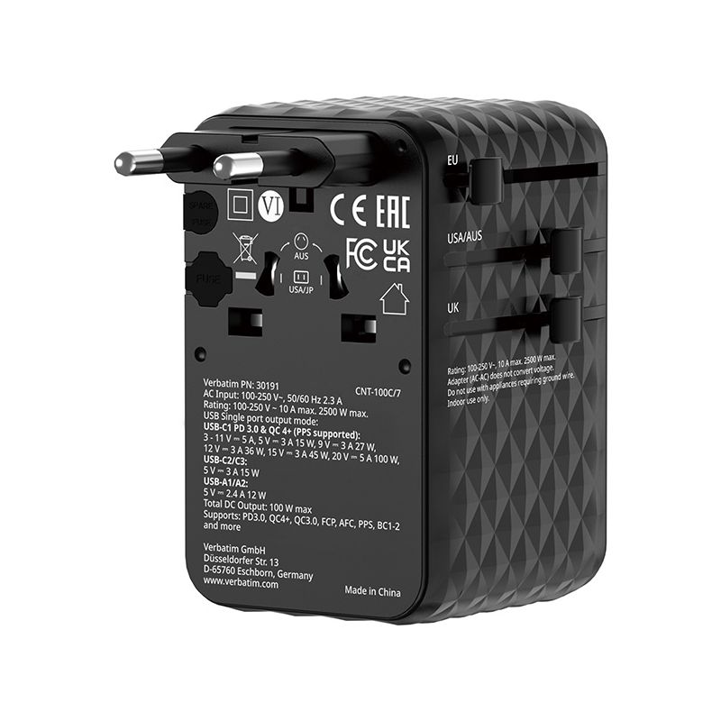 Verbatim Adapter podróżny EU/UK/US GaN 2xUSB-C/2xUSB-A/1xUSB-C PD 100W (Verbatim 30191)