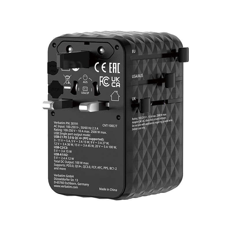 Verbatim Adapter podróżny EU/UK/US GaN 2xUSB-C/2xUSB-A/1xUSB-C PD 100W (Verbatim 30191)