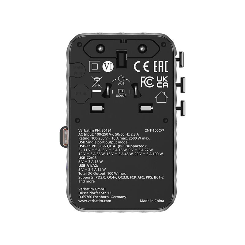 Verbatim Adapter podróżny EU/UK/US GaN 2xUSB-C/2xUSB-A/1xUSB-C PD 100W (Verbatim 30191)