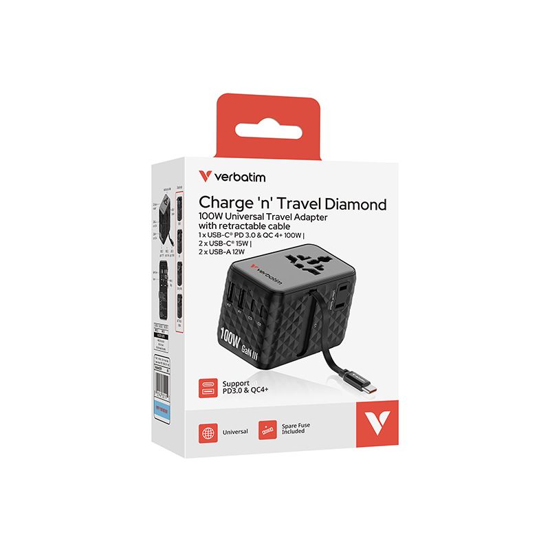 Verbatim Adapter podróżny EU/UK/US GaN 2xUSB-C/2xUSB-A/1xUSB-C PD 100W (Verbatim 30191)