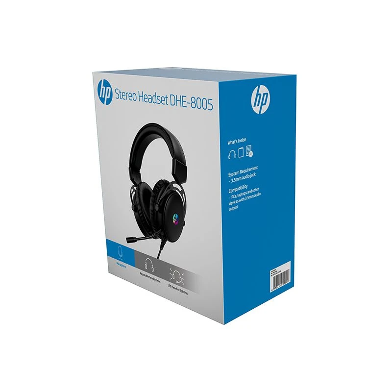 Słuchawki z mikrofonem HP DHE-8005N przewodowe czarne podświetlenie 3.5 mm jack + USB (DHE-8005N)