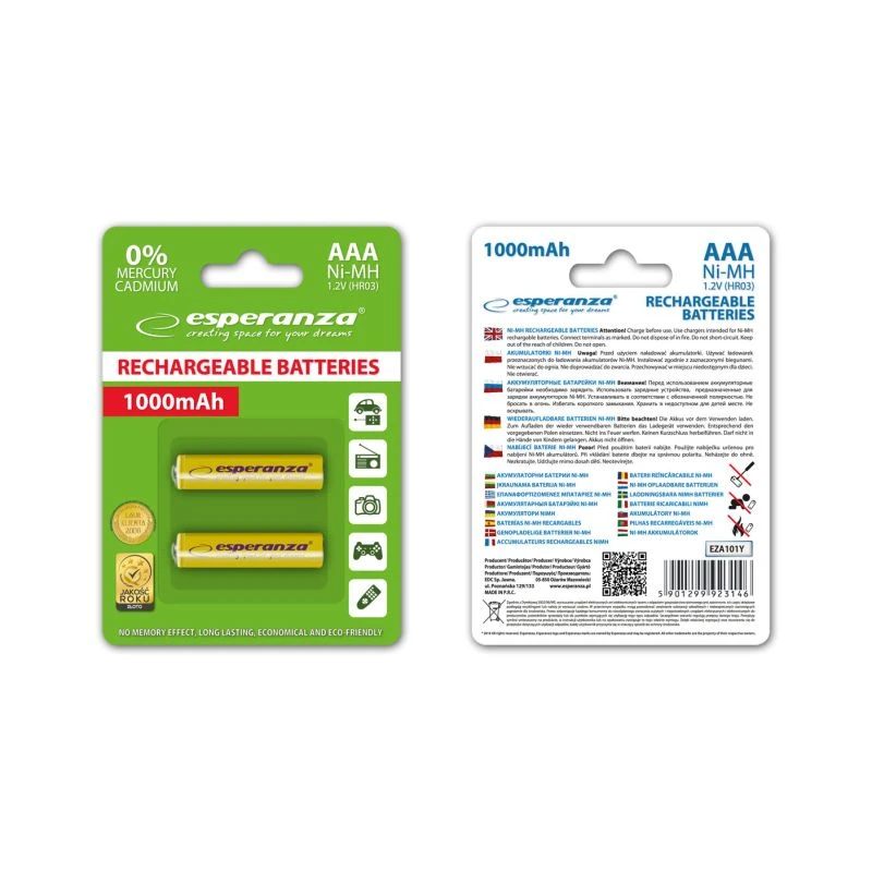 Akumulatorki Esperanza NI-MH AAA 1000MAH 2szt Żółte (EZA101Y)