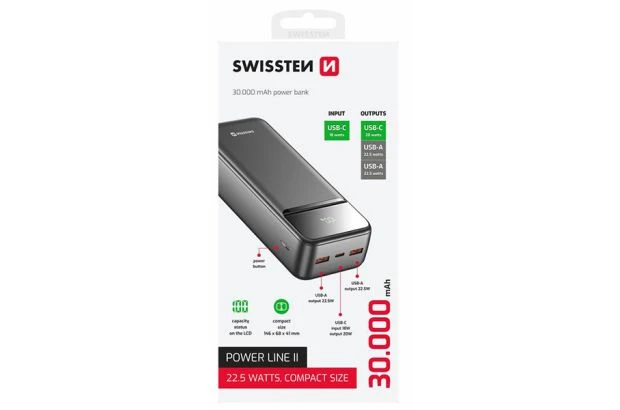 SWISSTEN Powerbank 30000 mAh 22,5W POWER LINE II Li-Pol 5/9/12V USB-C 2xUSB-A (220 139 48)