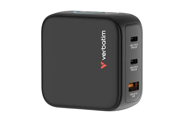 Ładowarka GaN Verbatim z wyświetlaczem 2xUSB-C 1xUSB-A 65W wtyczki EU UK US