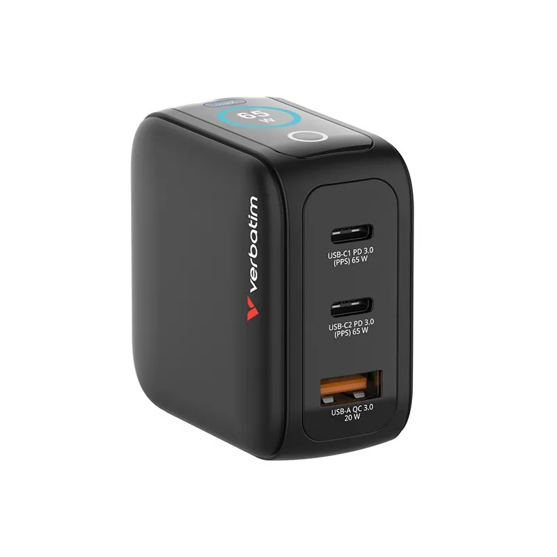 Ładowarka GaN Verbatim z wyświetlaczem 2xUSB-C 1xUSB-A 65W wtyczki EU UK US