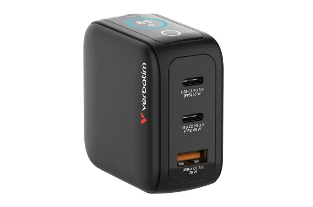 Ładowarka GaN Verbatim z wyświetlaczem 2xUSB-C 1xUSB-A 65W wtyczki EU UK US