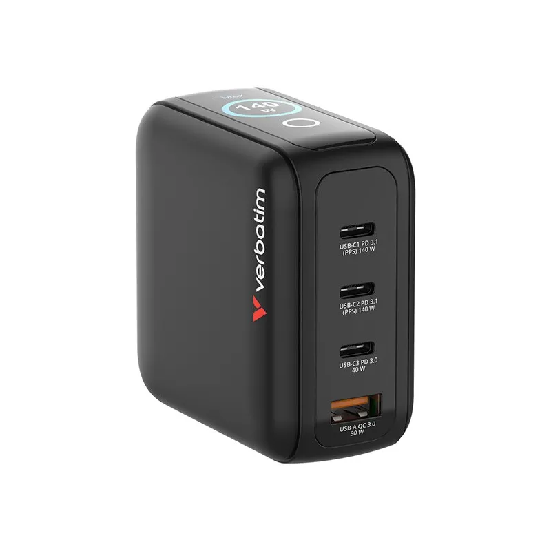 Ładowarka GaN Verbatim z wyświetlaczem 3xUSB-C 1xUSB-A 140W wtyczki EU UK US