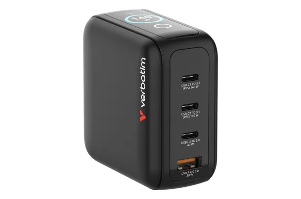 Ładowarka GaN Verbatim z wyświetlaczem 3xUSB-C 1xUSB-A 140W wtyczki EU UK US
