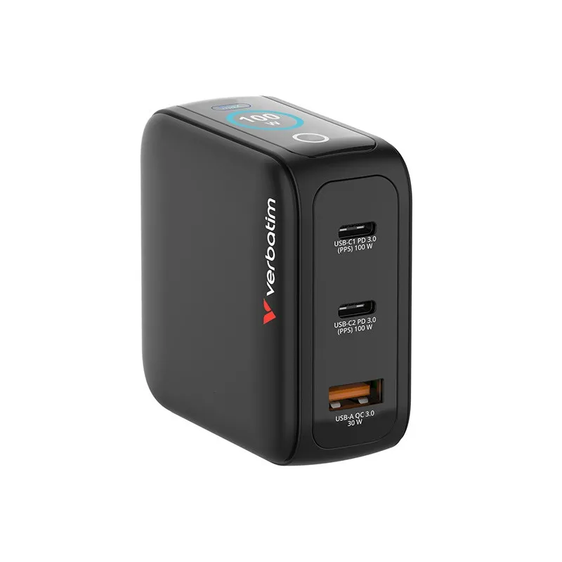 Ładowarka GaN Verbatim z wyświetlaczem 2xUSB-C 1xUSB-A 100W wtyczki EU UK US