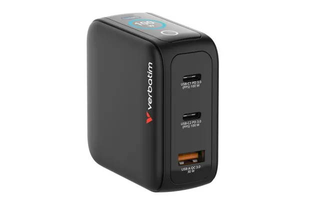 Ładowarka GaN Verbatim z wyświetlaczem 2xUSB-C 1xUSB-A 100W wtyczki EU UK US